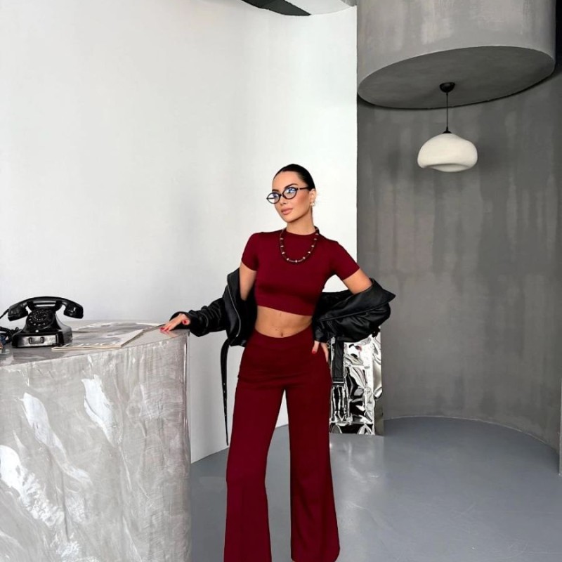 Kadın Osy Modal Yumuşak Dokulu Kumaş Kısa Kollu Crop Alt ispanyol Paça Pantolon ikili Takım - Bordo