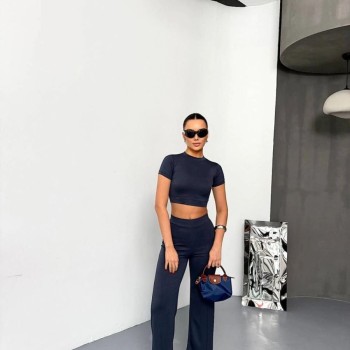 Kadın Osy Modal Yumuşak Dokulu Kumaş Kısa Kollu Crop Alt ispanyol Paça Pantolon ikili Takım - Füme