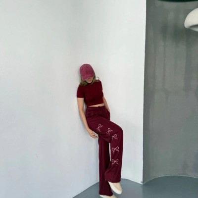Kadın Osy Modal Yumuşak Dokulu Kumaş Nakış işlemeli Rahat Bol Paça Eşofman Pantolon - Bordo