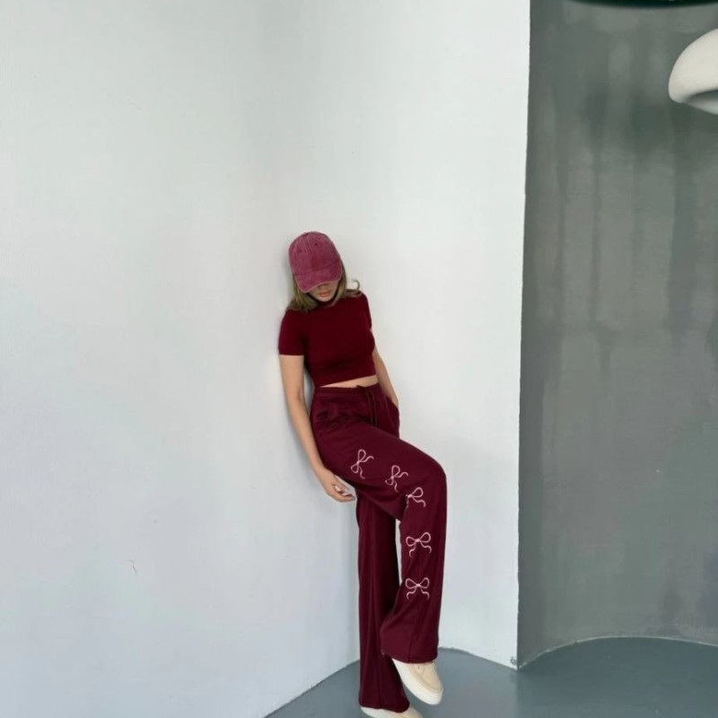 Kadın Osy Modal Yumuşak Dokulu Kumaş Nakış işlemeli Rahat Bol Paça Eşofman Pantolon - Bordo