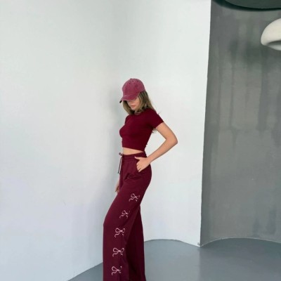 Kadın Osy Modal Yumuşak Dokulu Kumaş Nakış işlemeli Rahat Bol Paça Eşofman Pantolon - Bordo