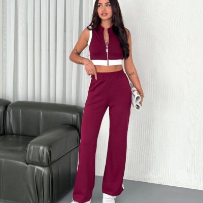Kadın Osy Modal Yumuşak Dokulu Kumaş Tam Fermuarlı Crop Pantolon İkili Takım - Bordo