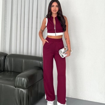 Kadın Osy Modal Yumuşak Dokulu Kumaş Tam Fermuarlı Crop Pantolon İkili Takım - Bordo