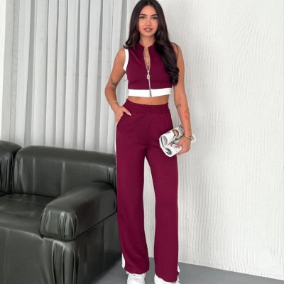 Kadın Osy Modal Yumuşak Dokulu Kumaş Tam Fermuarlı Crop Pantolon İkili Takım - Bordo