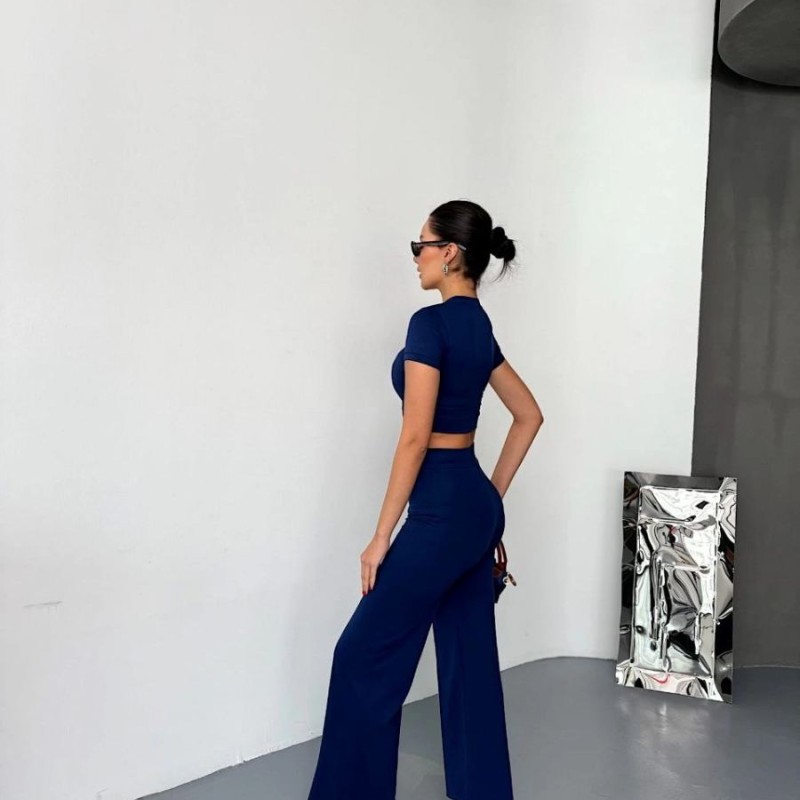 Kadın Osy Modal Yumuşak Kumaş Kısa Kollu Crop Alt ispanyol Paça Pantolon ikili Takım - Lacivert