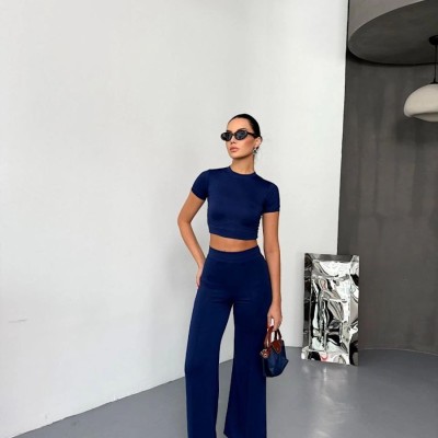 Kadın Osy Modal Yumuşak Kumaş Kısa Kollu Crop Alt ispanyol Paça Pantolon ikili Takım - Lacivert