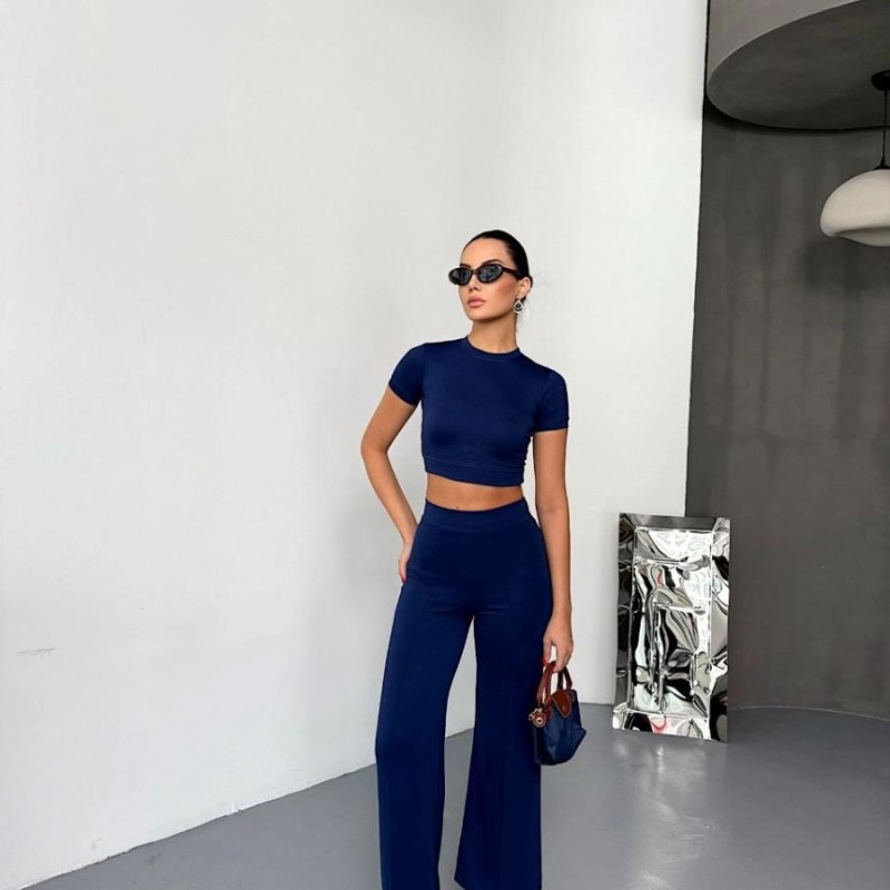 Kadın Osy Modal Yumuşak Kumaş Kısa Kollu Crop Alt ispanyol Paça Pantolon ikili Takım - Lacivert