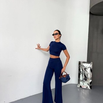 Kadın Osy Modal Yumuşak Kumaş Kısa Kollu Crop Alt ispanyol Paça Pantolon ikili Takım - Lacivert