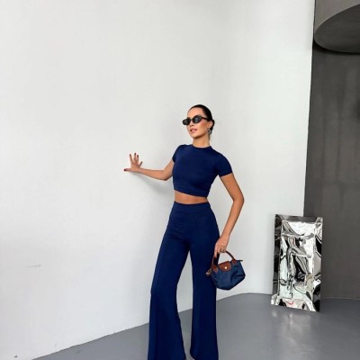 Kadın Osy Modal Yumuşak Kumaş Kısa Kollu Crop Alt ispanyol Paça Pantolon ikili Takım - Lacivert