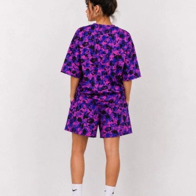 Kadın Oversize Kalıp Pubg Bape X Shark Nakışlı Cepli Şort Takım - Mor