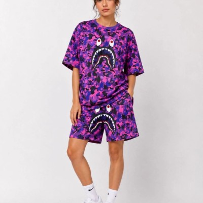 Kadın Oversize Kalıp Pubg Bape X Shark Nakışlı Cepli Şort Takım - Mor