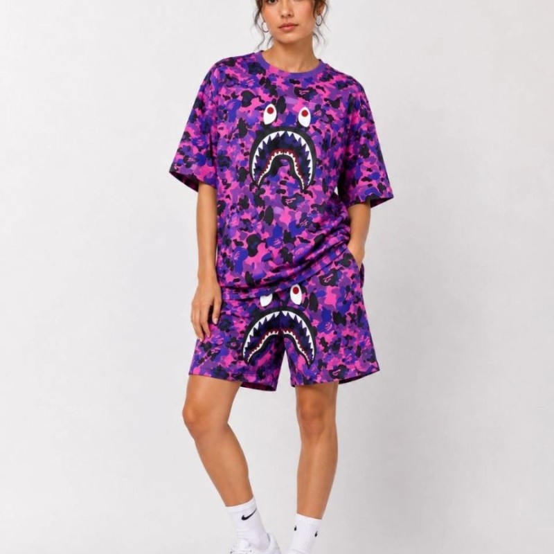 Kadın Oversize Kalıp Pubg Bape X Shark Nakışlı Cepli Şort Takım - Mor