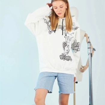 Kadın Oversize Kapüşonlu Baskılı 3 İplik Pamuklu Hoodie Sweatshirt - Beyaz