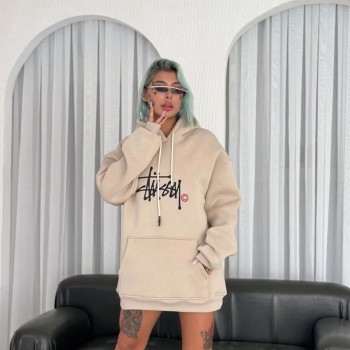 Kadın Oversize Kapüşonlu Cepli Baskılı 3 İplik Pamuklu Hoodie Sweatshirt - Bej