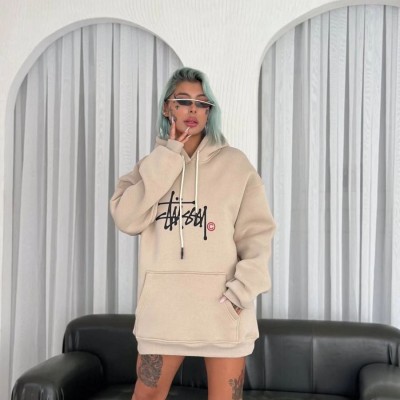 Kadın Oversize Kapüşonlu Cepli Baskılı 3 İplik Pamuklu Hoodie Sweatshirt - Bej