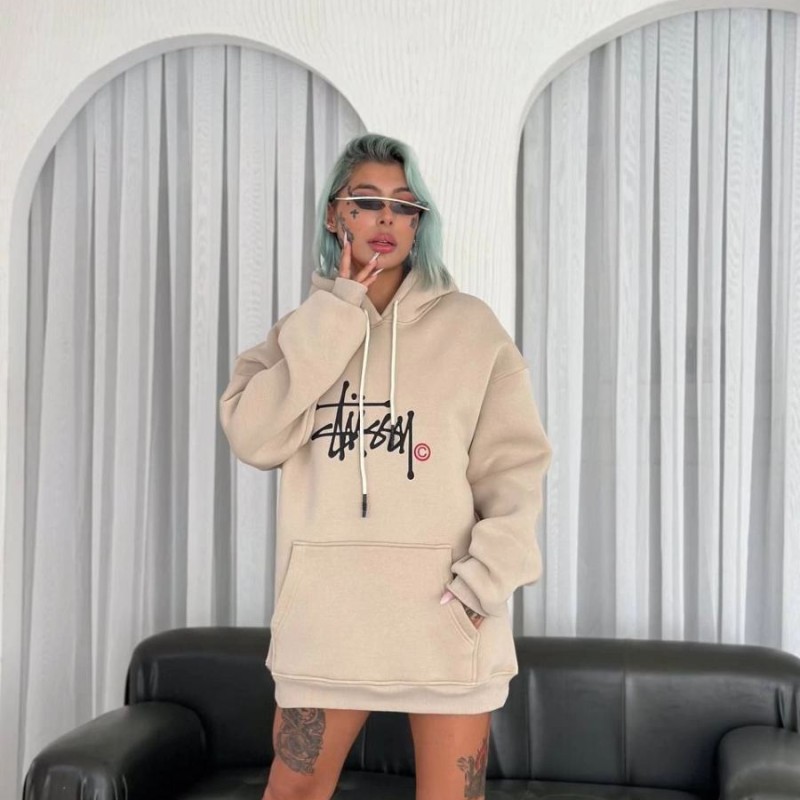 Kadın Oversize Kapüşonlu Cepli Baskılı 3 İplik Pamuklu Hoodie Sweatshirt - Bej