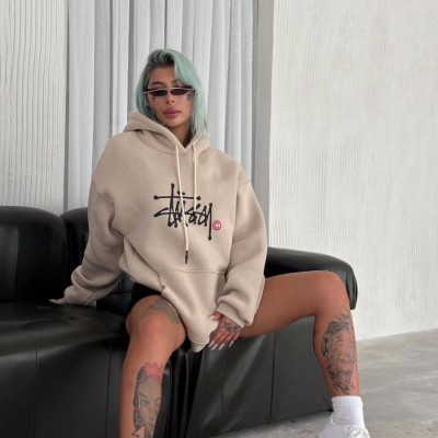 Kadın Oversize Kapüşonlu Cepli Baskılı 3 İplik Pamuklu Hoodie Sweatshirt - Bej