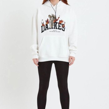 Kadın Oversize Kapüşonlu Cepli Baskılı 3 İplik Pamuklu Hoodie Sweatshirt - Beyaz