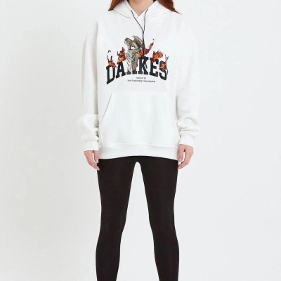 Kadın Oversize Kapüşonlu Cepli Baskılı 3 İplik Pamuklu Hoodie Sweatshirt - Beyaz