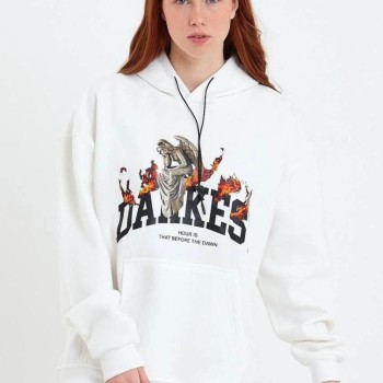 Kadın Oversize Kapüşonlu Cepli Baskılı 3 İplik Pamuklu Hoodie Sweatshirt - Beyaz