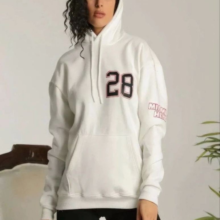 Kadın Oversize Kapüşonlu Cepli Baskılı 3 İplik Pamuklu Hoodie Sweatshirt - Beyaz