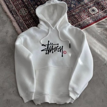 Kadın Oversize Kapüşonlu Cepli Baskılı 3 İplik Pamuklu Hoodie Sweatshirt - Beyaz