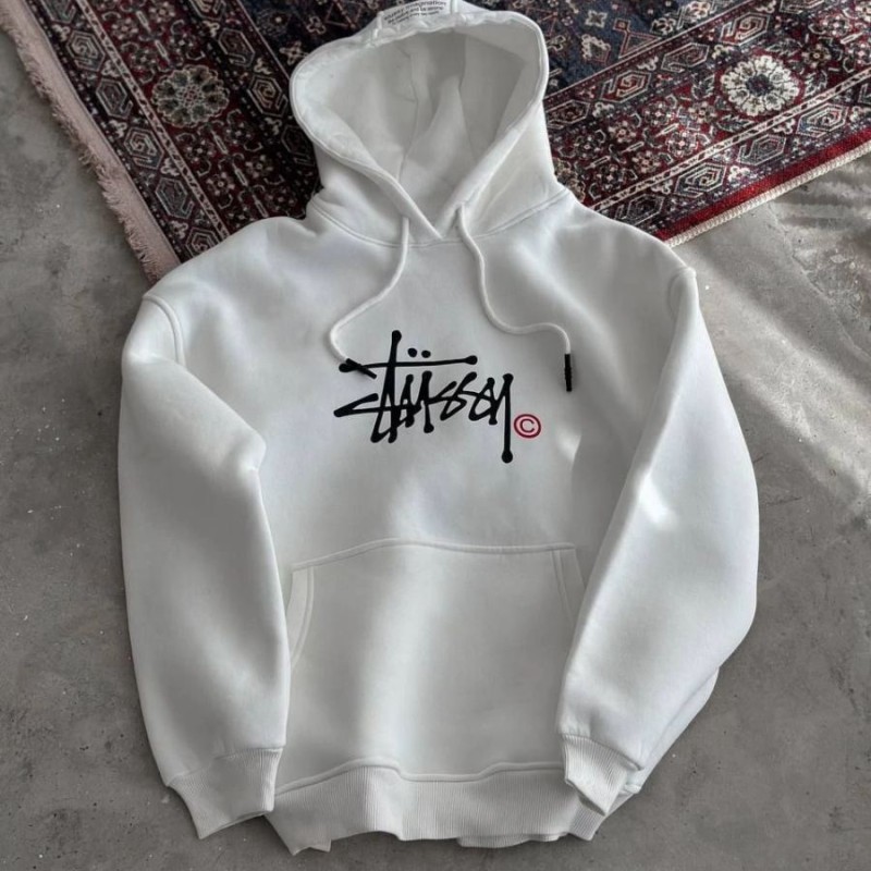Kadın Oversize Kapüşonlu Cepli Baskılı 3 İplik Pamuklu Hoodie Sweatshirt - Beyaz