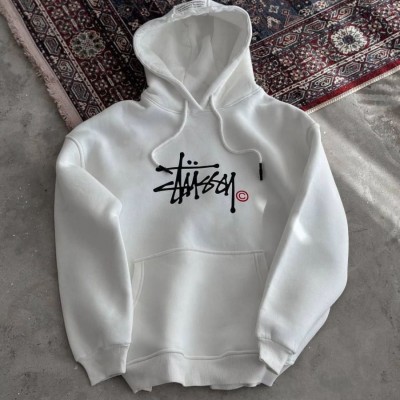 Kadın Oversize Kapüşonlu Cepli Baskılı 3 İplik Pamuklu Hoodie Sweatshirt - Beyaz