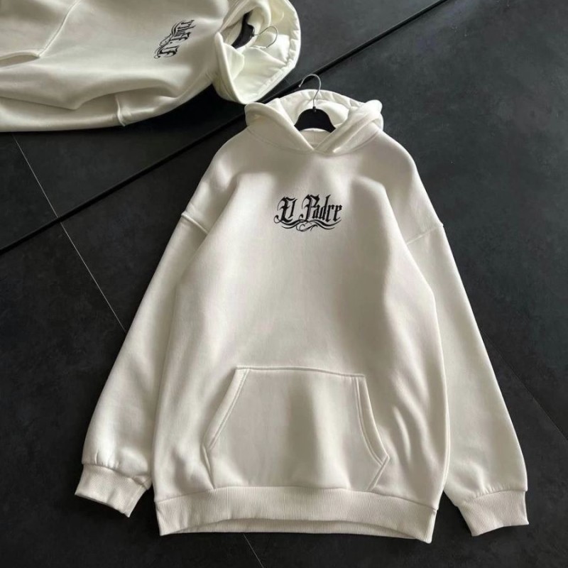 Kadın Oversize Kapüşonlu Cepli Baskılı 3 İplik Pamuklu Hoodie Sweatshirt - Beyaz