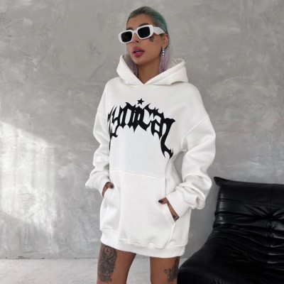Kadın Oversize Kapüşonlu Cepli Baskılı 3 İplik Pamuklu Hoodie Sweatshirt - Beyaz