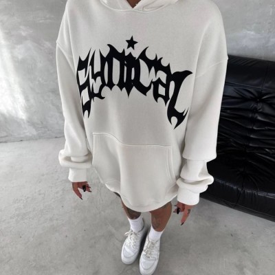 Kadın Oversize Kapüşonlu Cepli Baskılı 3 İplik Pamuklu Hoodie Sweatshirt - Beyaz