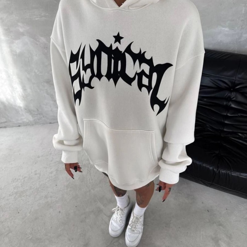 Kadın Oversize Kapüşonlu Cepli Baskılı 3 İplik Pamuklu Hoodie Sweatshirt - Beyaz