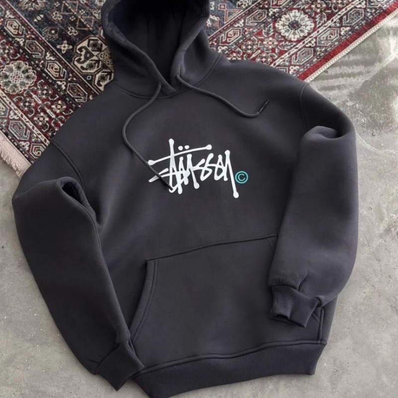 Kadın Oversize Kapüşonlu Cepli Baskılı 3 İplik Pamuklu Hoodie Sweatshirt - Füme