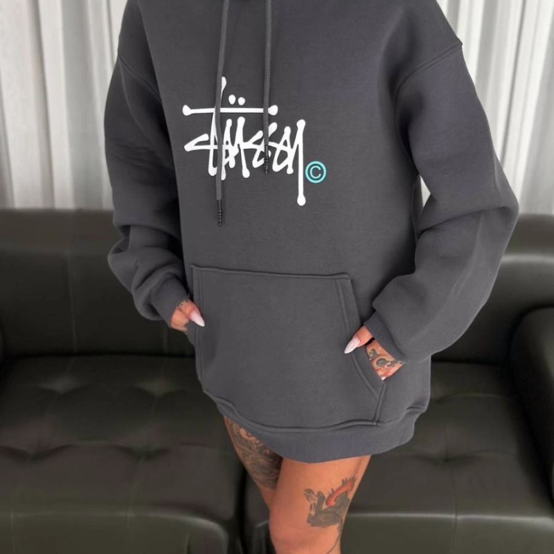 Kadın Oversize Kapüşonlu Cepli Baskılı 3 İplik Pamuklu Hoodie Sweatshirt - Füme