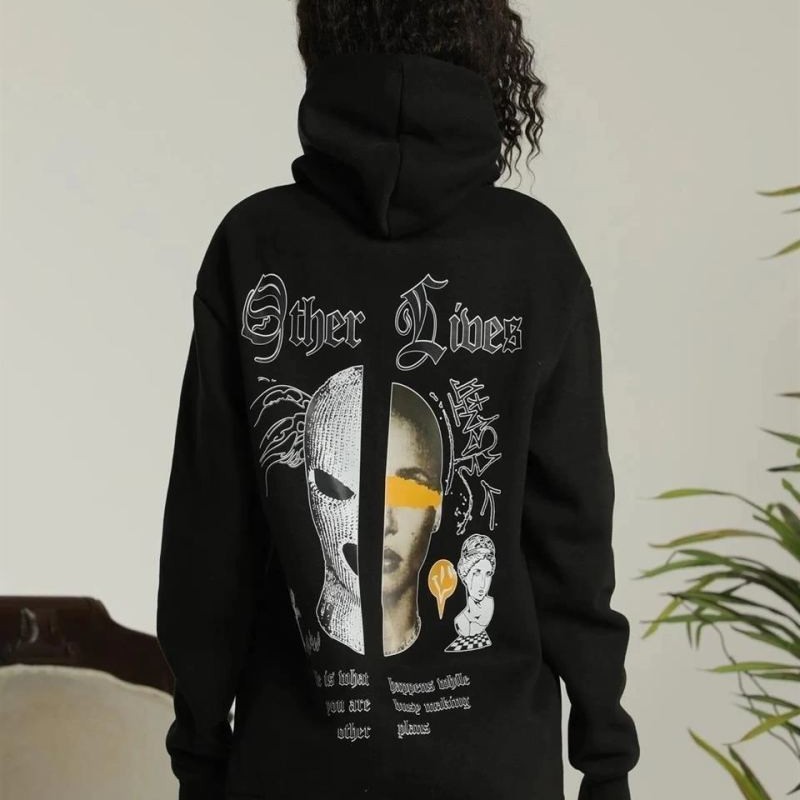 Kadın Oversize Kapüşonlu Cepli Baskılı 3 İplik Pamuklu Hoodie Sweatshirt - Siyah