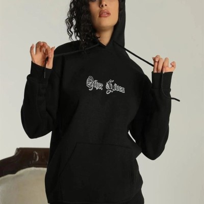 Kadın Oversize Kapüşonlu Cepli Baskılı 3 İplik Pamuklu Hoodie Sweatshirt - Siyah