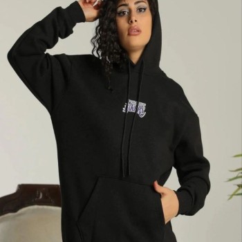 Kadın Oversize Kapüşonlu Cepli Baskılı 3 İplik Pamuklu Hoodie Sweatshirt - Siyah