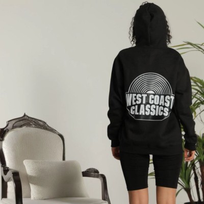 Kadın Oversize Kapüşonlu Cepli Baskılı 3 İplik Pamuklu Hoodie Sweatshirt - Siyah