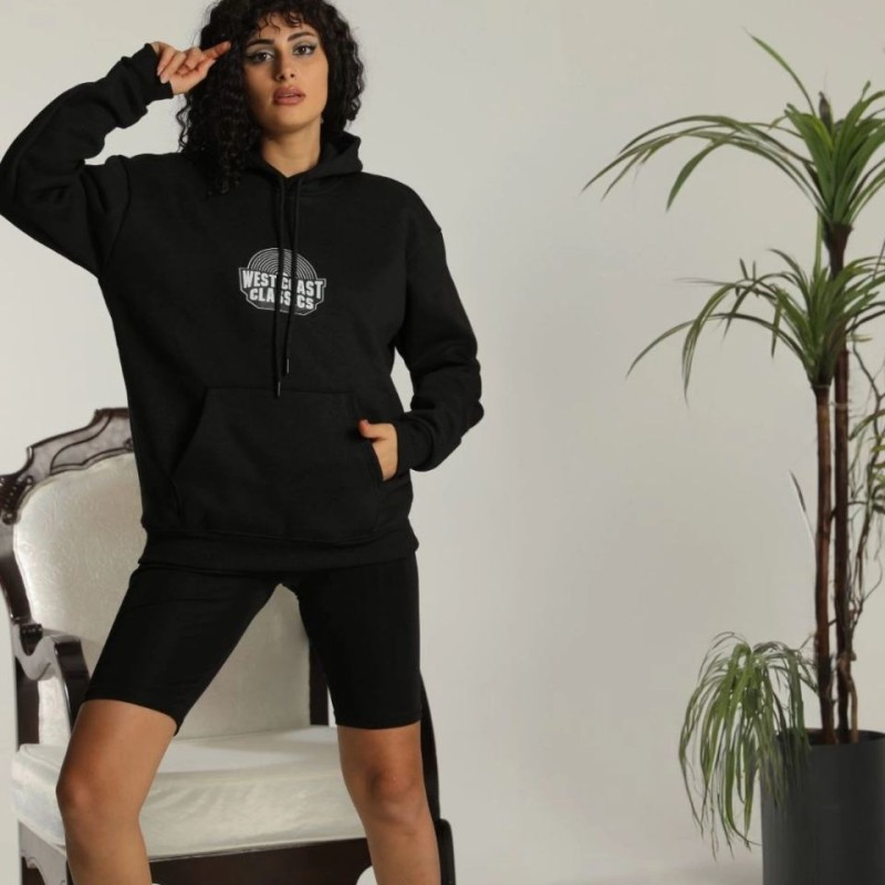 Kadın Oversize Kapüşonlu Cepli Baskılı 3 İplik Pamuklu Hoodie Sweatshirt - Siyah