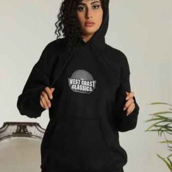 Kadın Oversize Kapüşonlu Cepli Baskılı 3 İplik Pamuklu Hoodie Sweatshirt - Siyah