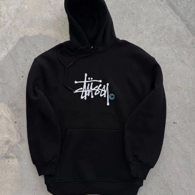 Kadın Oversize Kapüşonlu Cepli Baskılı 3 İplik Pamuklu Hoodie Sweatshirt - Siyah