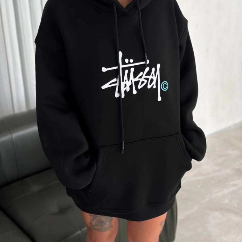 Kadın Oversize Kapüşonlu Cepli Baskılı 3 İplik Pamuklu Hoodie Sweatshirt - Siyah