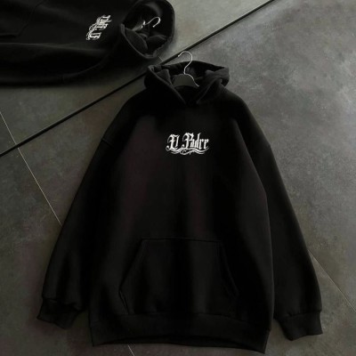 Kadın Oversize Kapüşonlu Cepli Baskılı 3 İplik Pamuklu Hoodie Sweatshirt - Siyah