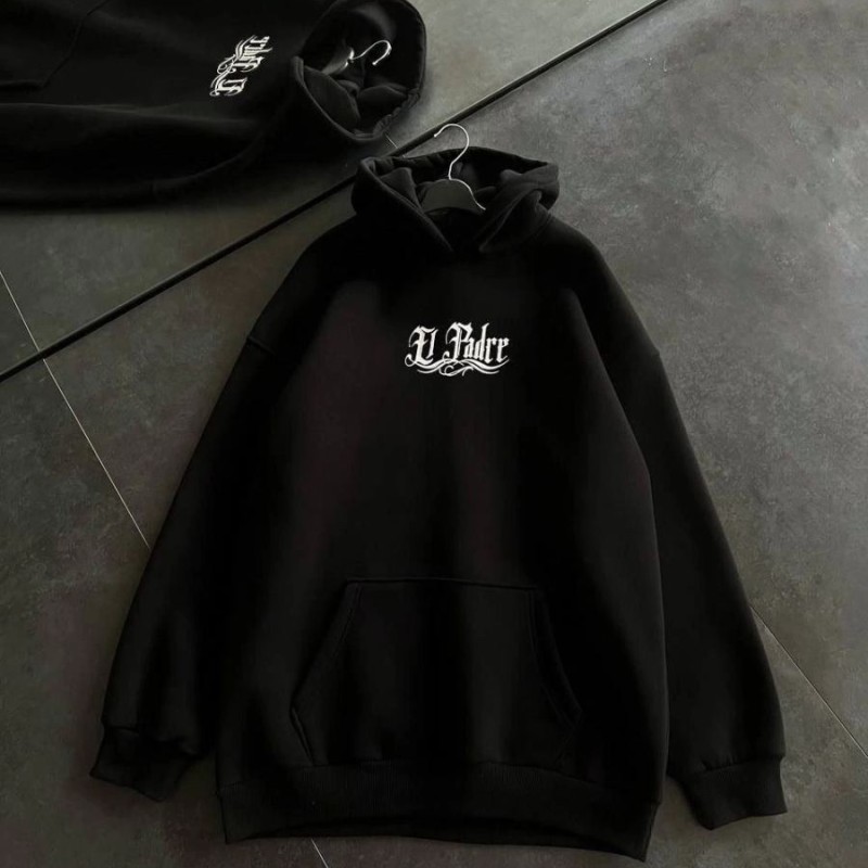 Kadın Oversize Kapüşonlu Cepli Baskılı 3 İplik Pamuklu Hoodie Sweatshirt - Siyah