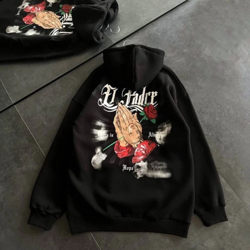 Kadın Oversize Kapüşonlu Cepli Baskılı 3 İplik Pamuklu Hoodie Sweatshirt - Siyah