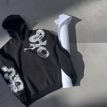 Kadın Oversize Kapüşonlu Cepli Baskılı 3 İplik Pamuklu Hoodie Sweatshirt - Siyah