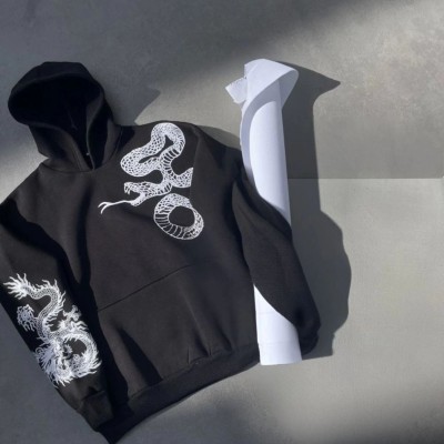 Kadın Oversize Kapüşonlu Cepli Baskılı 3 İplik Pamuklu Hoodie Sweatshirt - Siyah
