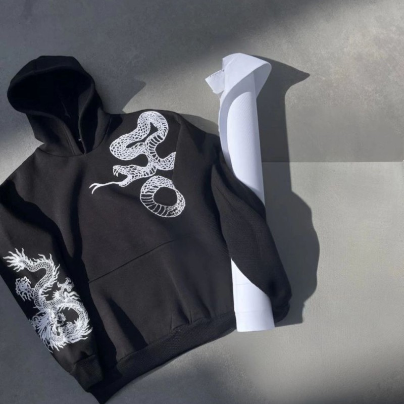 Kadın Oversize Kapüşonlu Cepli Baskılı 3 İplik Pamuklu Hoodie Sweatshirt - Siyah