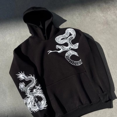 Kadın Oversize Kapüşonlu Cepli Baskılı 3 İplik Pamuklu Hoodie Sweatshirt - Siyah