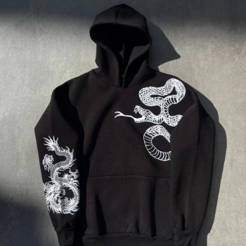 Kadın Oversize Kapüşonlu Cepli Baskılı 3 İplik Pamuklu Hoodie Sweatshirt - Siyah